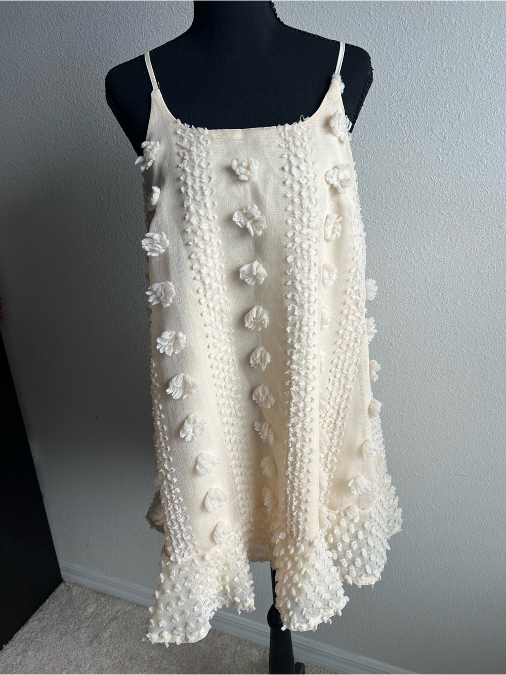 Simplee Apparel Boho Floral Ivory Textured Pom Pom Cami Mini Dress Small